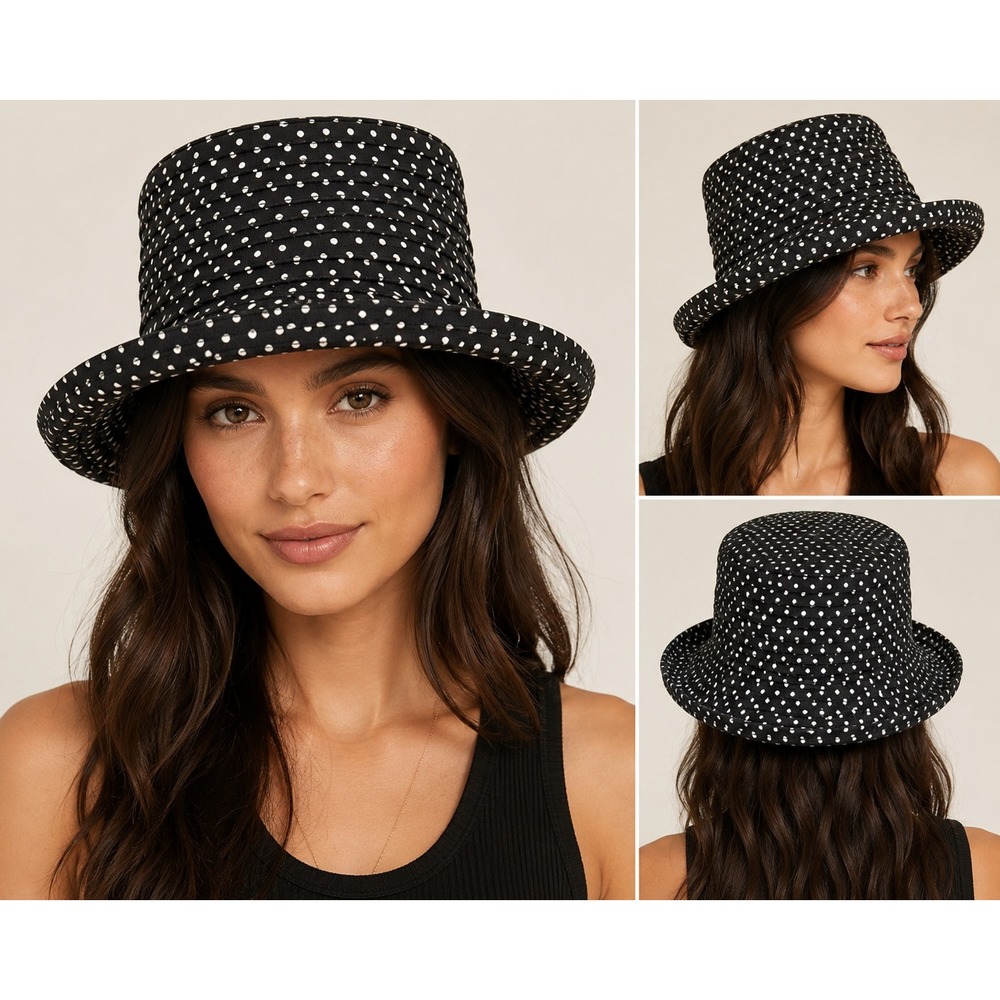 Kokin New York Polka Dot Bucket Hat Black White Wide Brim Boutique Hat